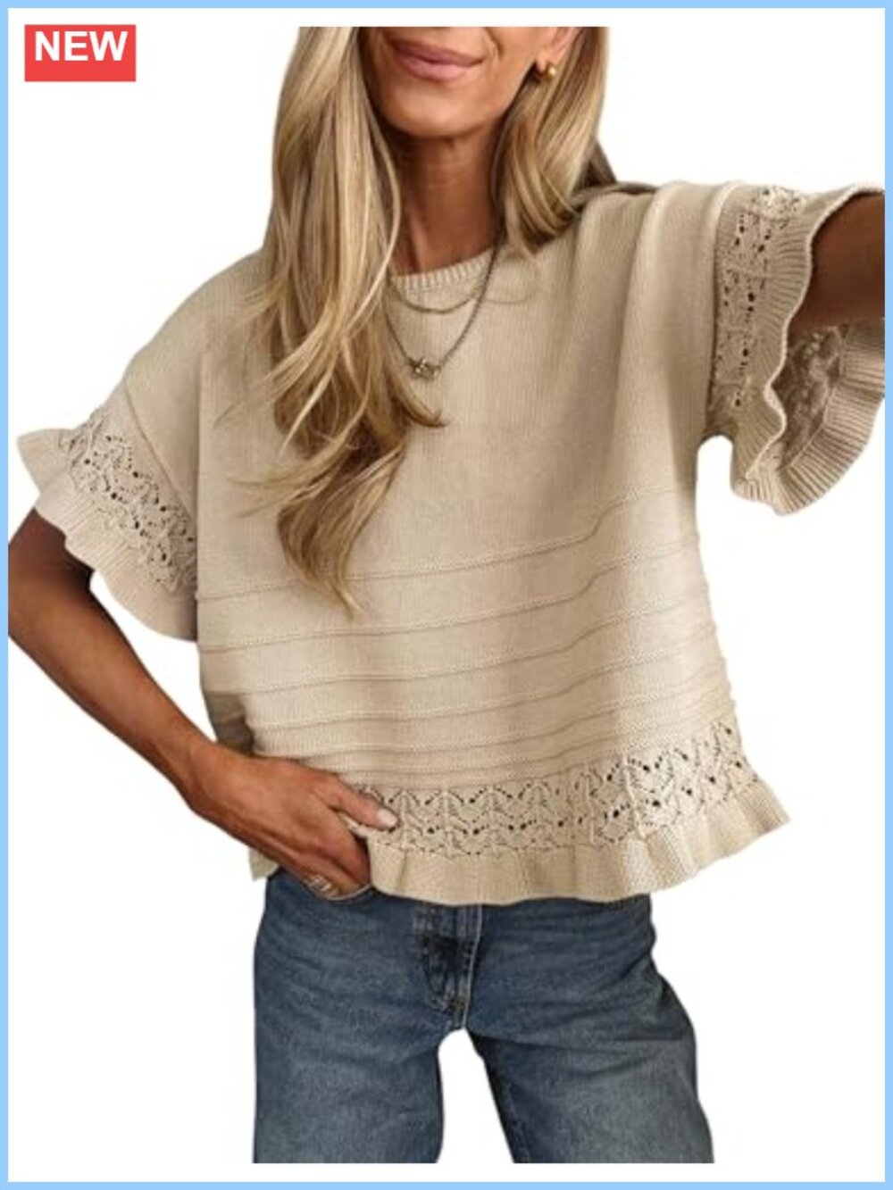 Women's Short Sleeve Knit Pullover Sweater Ruffle Hem Crochet Top